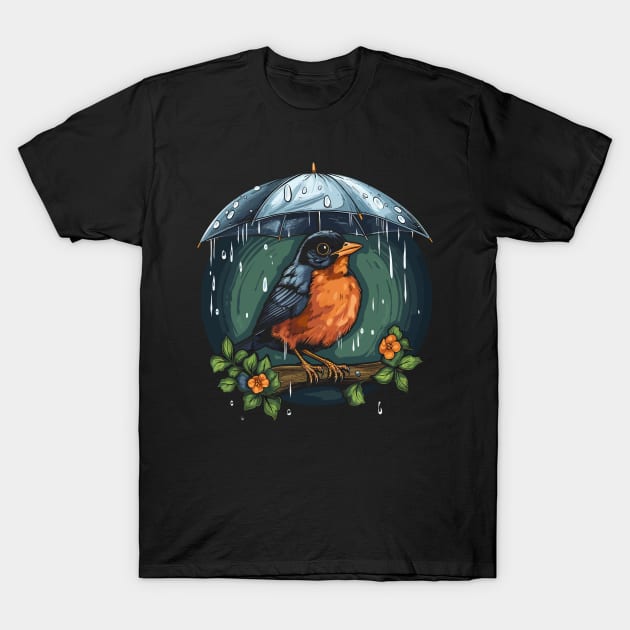 American Robin Rainy Day With Umbrella T-Shirt by JH Mart